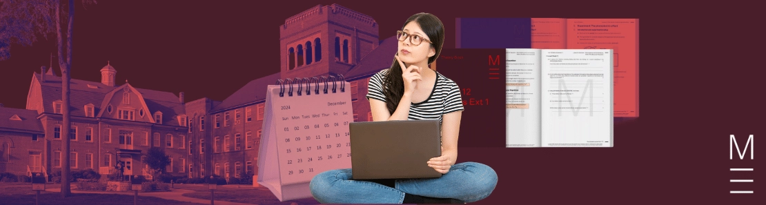 matrix education Student with a laptop, calendar, textbooks, and university background.