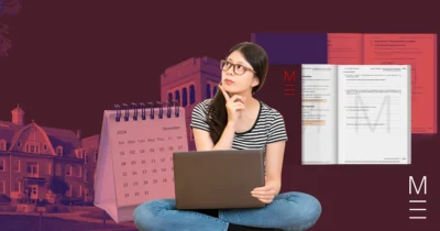matrix education Student with a laptop, calendar, textbooks, and university background.