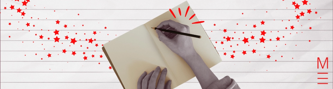 matrix education Hands writing in a notebook with red stars symbolising creative writing