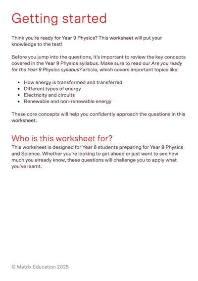 matrix education introduction page to 'introduction to year 9 physics' worksheet