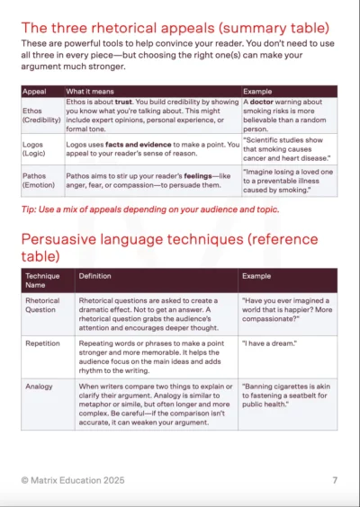 matrix education 'persuasive writing toolkit' sample page