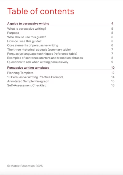 matrix education 'persuasive writing toolkit' table of contents