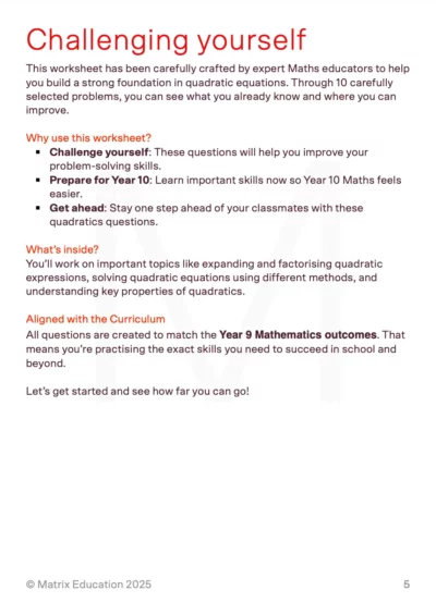 Matrix Education sample page of 'Quadratic Equations worksheet' showing an introduction to the sheet