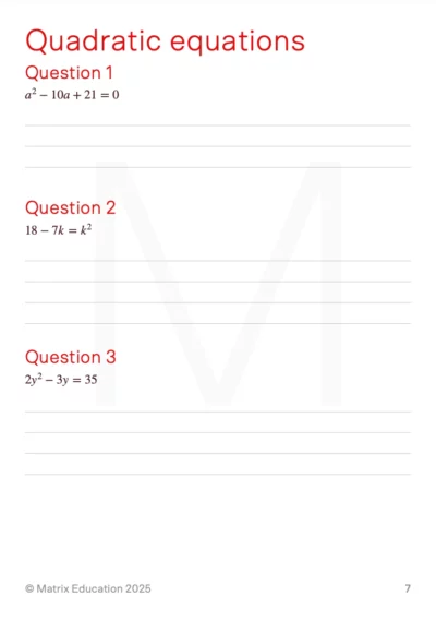 matrix education three sample questions for quadratic equations