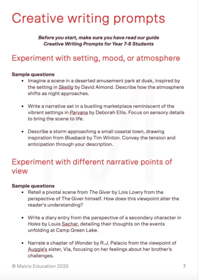 Matrix Education sample page of creative writing prompts