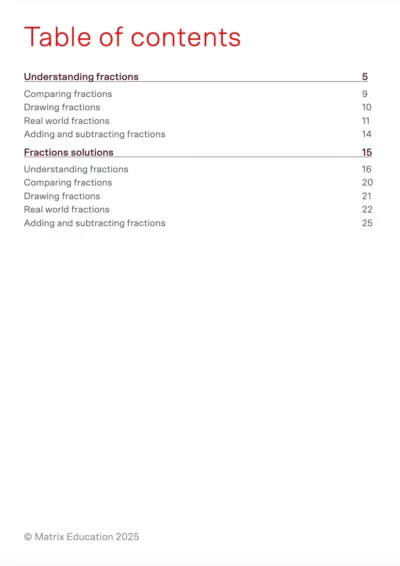 matrix education table of contents for 'introduction to fractions worksheet'