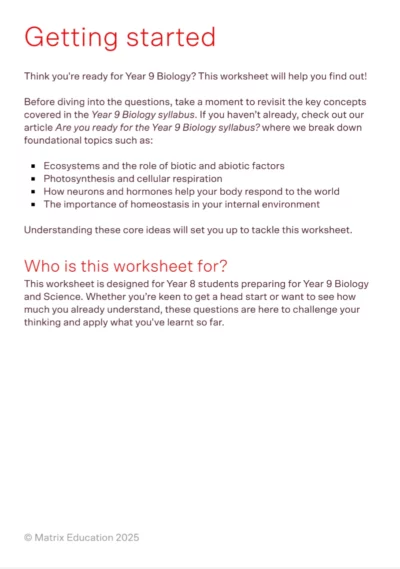 matrix education table of contents for 'introduction to year 9 biology'