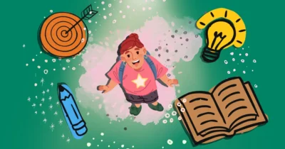 A cartoon girl standing against a green background with a pink cloud erupting behind her looks up in wonderment at graphics (lightbulb, pencil, book, and target) floating above her. The graphics are connected by bubbles and dots and stars.